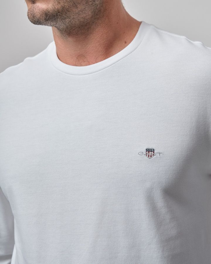 Gant tshirt Pique גאנט חולצת שרוול ארוך בד פיקה בצבע לבן