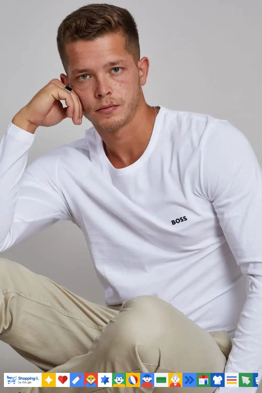 חולצת טי-שירט Hugo Boss לבנה שרוול ארוך לגבר 50469102-100 | חולצת בייסיק הוגו בוס קלאסית | אופנת גברים B Brands