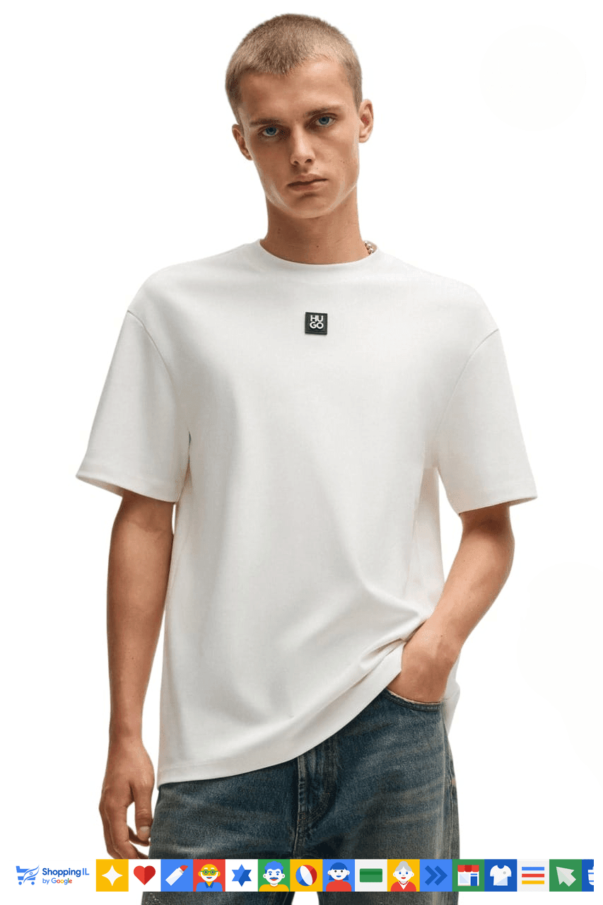 חולצת טי-שירט Hugo לגבר בצבע לבן 50470952-100 | חולצת הוגו מרצ'ורייז לבנה לוגו מעוצב | אופנת גברים B Brands