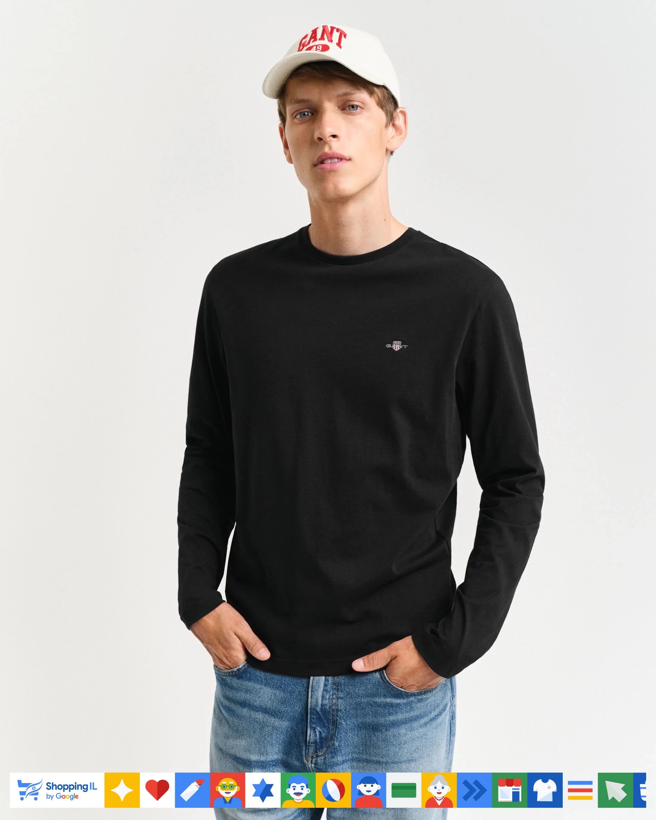 חולצת טי-שירט Gant לגבר שרוול ארוך בצבע שחור | חולצת גאנט כותנה קלאסית | אופנת גברים יוקרתית | חנות מותגים B Brands