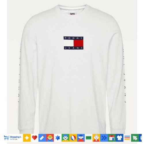 חולצת שרוול ארוך Tommy Jeans Flag Tee לגבר לבן/שחור | 100% כותנה Slim Fit | חנות מותגים B Brands