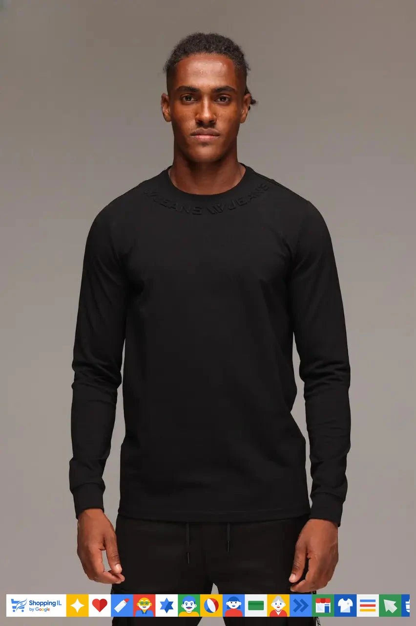טי-שירט W Jeans שחורה שרוול ארוך לגבר WJ-LS-TEE-BLK-NECKLOG | חולצת דאבליו ג'ינס חורף איטלקית | אופנת גברים B Brands