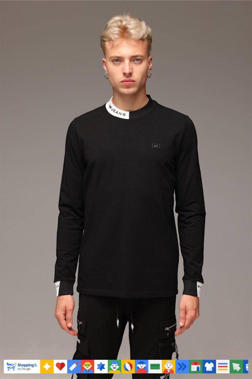 טי-שירט W Jeans שחורה שרוול ארוך לגבר WJ-LS-TEE-WHITE-COLLAR-BLK | חולצת דאבליו ג'ינס חורף איטלקית | אופנת גברים B Brands