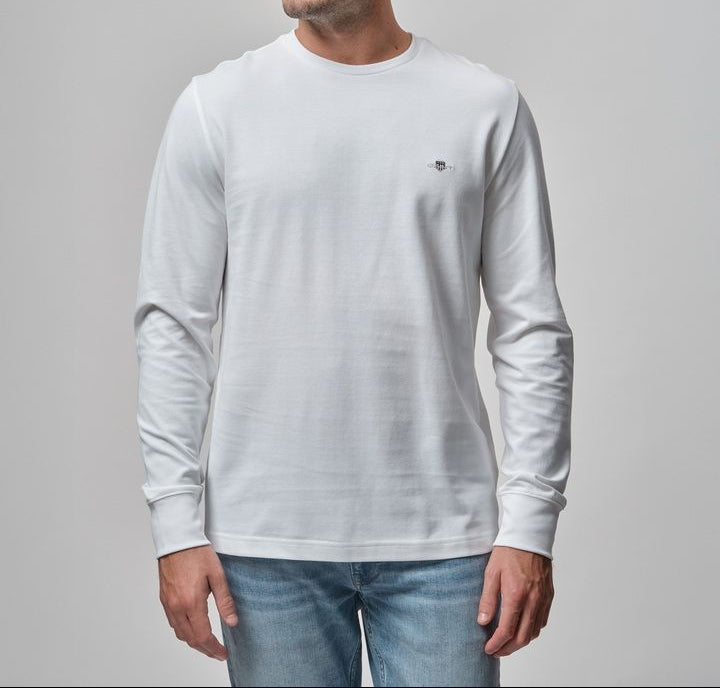 Gant tshirt Pique גאנט חולצת שרוול ארוך בד פיקה בצבע לבן