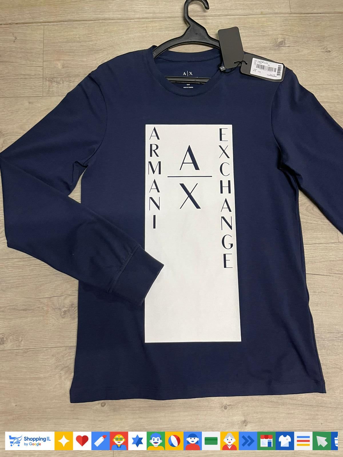 חולצת טי-שירט Armani Exchange שרוול ארוך לגבר בצבע כחול | חולצה עם לוגו במרכז | אופנת ארמני | חנות מותגים B Brands