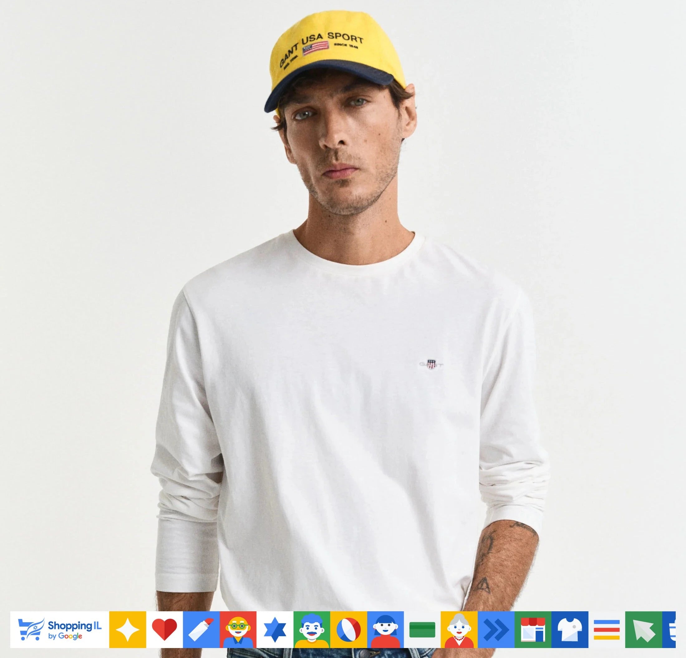 חולצת טי-שירט Gant לגבר שרוול ארוך בצבע לבן | חולצת גאנט כותנה קלאסית | אופנת גברים יוקרתית | חנות מותגים B Brands