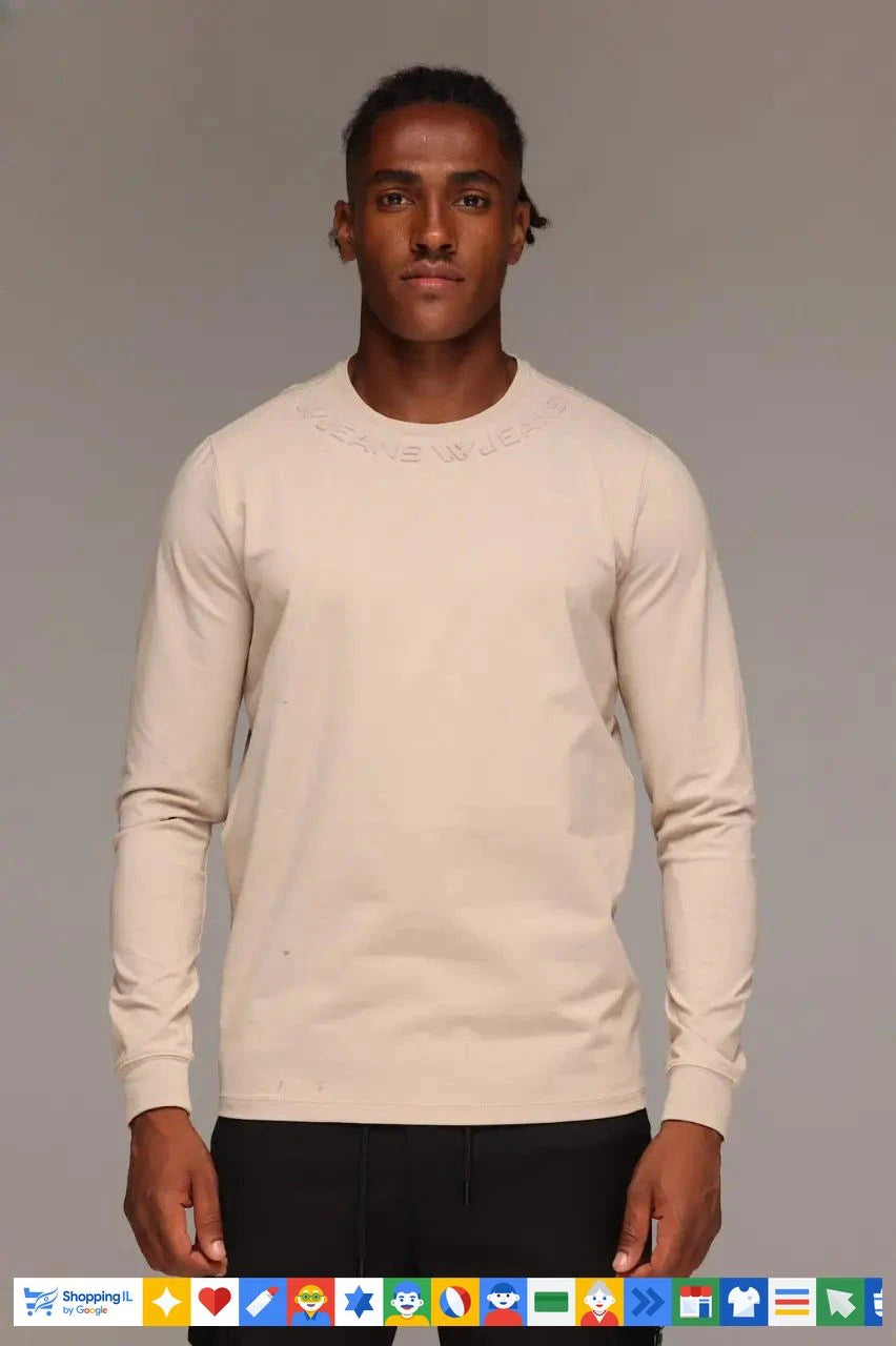 טי-שירט W Jeans קרם שרוול ארוך לגבר WJ-LS-TEE-CRM-NECKLOGO | חולצת דאבליו ג'ינס חורף איטלקית | אופנת גברים B Brands