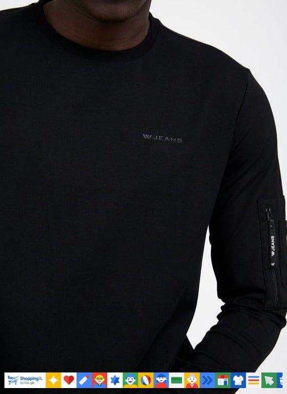 טי-שירט W Jeans שחורה שרוול ארוך לגבר WJ-LS-TBLK-ZP-25W | חולצת דאבליו ג'ינס עם כיס שרוך | אופנת גברים B Brands
